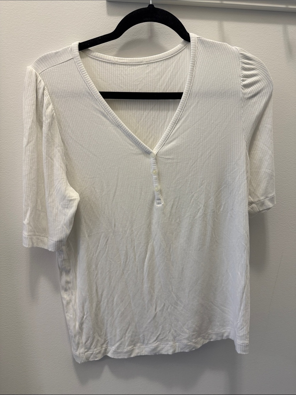 LOFT White Ribbed V-Neck Puff Sleeve Henley Tee